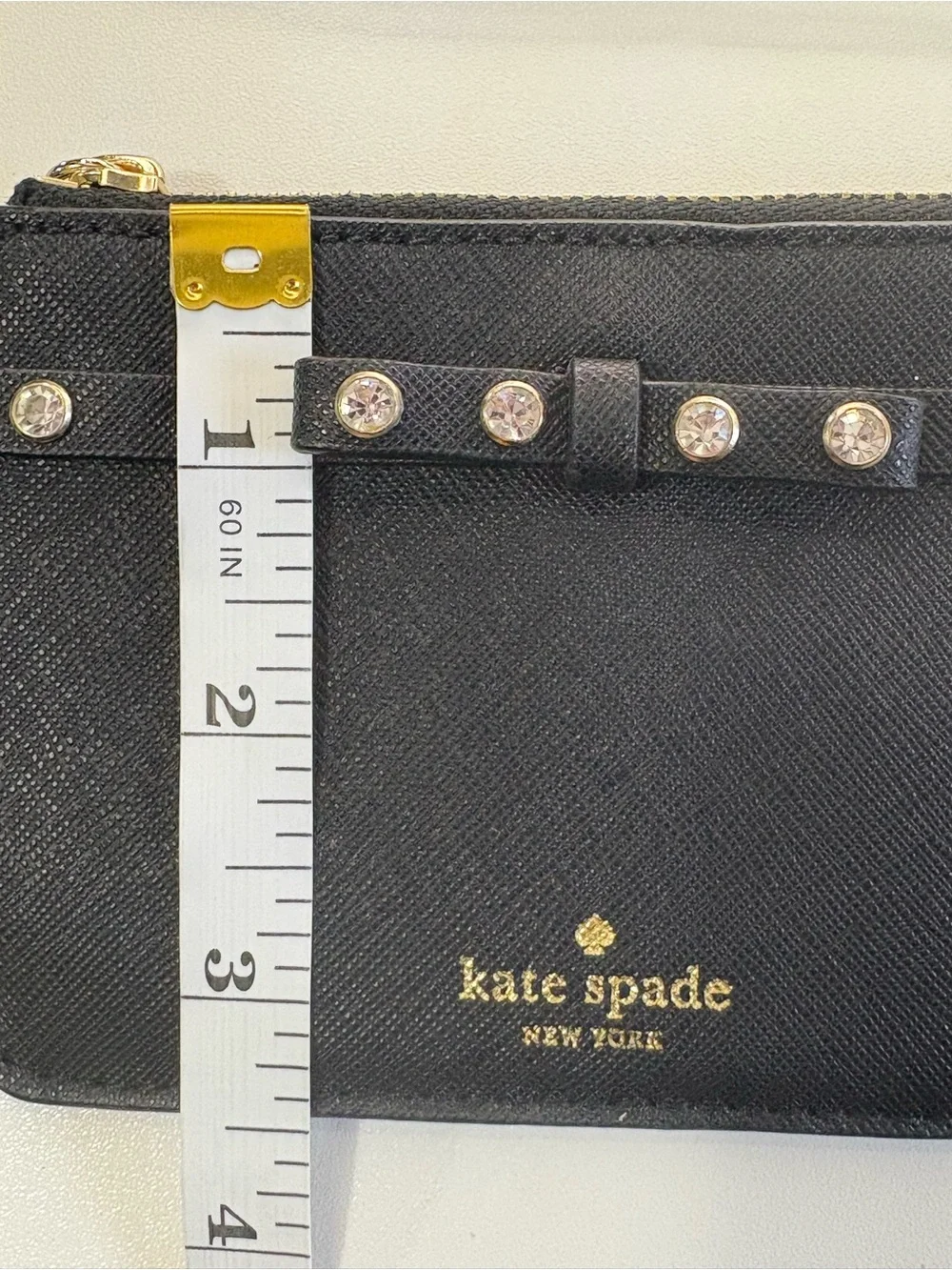 kate spade Black Leather Card Holder with Gold Keyring and Crystal Accents